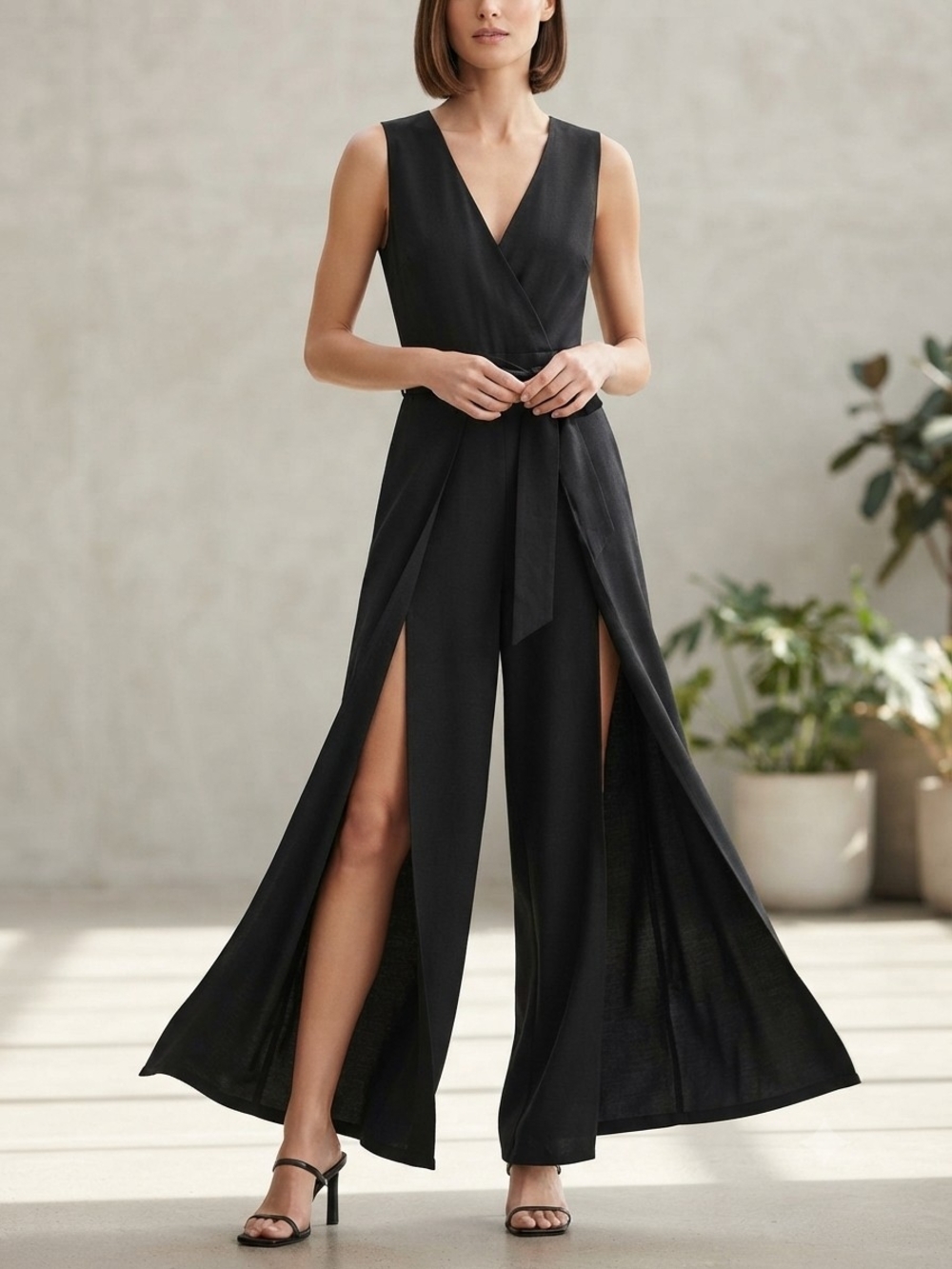 Emma & Michele Black Sleeveless Wrap Jumpsuit with High Front Slits Size 10